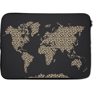 Laptophoes 14 inch - Wereldkaart - Dierenprint - Luipaard - Laptop sleeve - Binnenmaat 34x23,5 cm - Zwarte achterkant