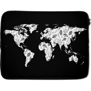 Laptophoes 17 inch - Wereldkaart - Planten - Zwart - Laptop sleeve - Binnenmaat 42,5x30 cm - Zwarte achterkant