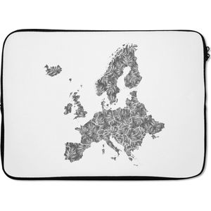 Laptophoes 13 inch - Europakaart met patroon van grijze tropische bladeren - zwart wit - Laptop sleeve - Binnenmaat 32x22,5 cm - Zwarte achterkant
