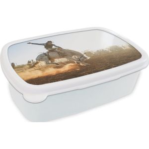 Broodtrommel Wit - Lunchbox - Brooddoos - Paard - Cowboy - Stof - 18x12x6 cm - Volwassenen