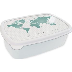 Broodtrommel Wit - Lunchbox - Brooddoos - Wereldkaart - Groen - Quote - Kind - Jongens - Meisjes - 18x12x6 cm - Volwassenen