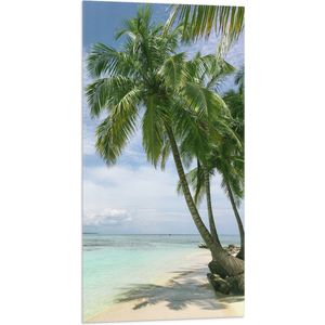 WallClassics - Vlag - Groene Palmbomen op Wit Strand - 50x100 cm Foto op Polyester Vlag