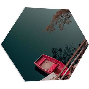 WallClassics - PVC Schuimplaat Hexagon  - Kleine Roze Bootje aan Steiger - 80x69.6 cm Foto op Hexagon (Met Ophangsysteem)