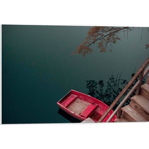 WallClassics - PVC Schuimplaat - Kleine Roze Bootje aan Steiger - 75x50 cm Foto op PVC Schuimplaat (Met Ophangsysteem)