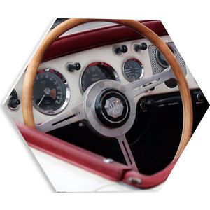 WallClassics - PVC Schuimplaat Hexagon  - Bruin Stuur van Oude Auto - 30x26.1 cm Foto op Hexagon (Met Ophangsysteem)
