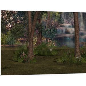 WallClassics - PVC Schuimplaat- Bloemen en Bomen bij Waterval - 100x75 cm Foto op PVC Schuimplaat