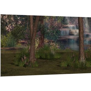 WallClassics - PVC Schuimplaat - Bloemen en Bomen bij Waterval - 150x100 cm Foto op PVC Schuimplaat (Met Ophangsysteem)