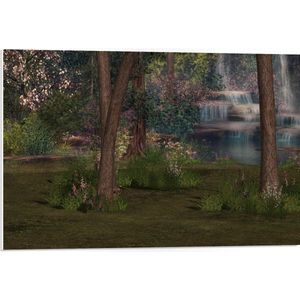 WallClassics - PVC Schuimplaat- Bloemen en Bomen bij Waterval - 75x50 cm Foto op PVC Schuimplaat