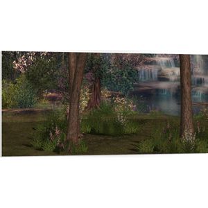 WallClassics - PVC Schuimplaat- Bloemen en Bomen bij Waterval - 100x50 cm Foto op PVC Schuimplaat