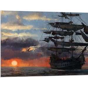 WallClassics - PVC Schuimplaat- Groot Piratenschip op Zee met Zon - 100x75 cm Foto op PVC Schuimplaat