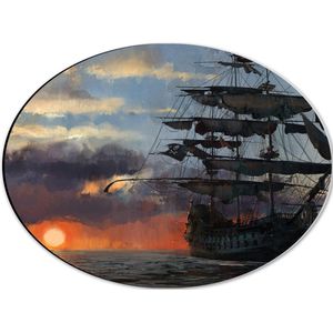 WallClassics - Dibond Ovaal - Groot Piratenschip op Zee met Zon - 40x30 cm Foto op Ovaal (Met Ophangsysteem)