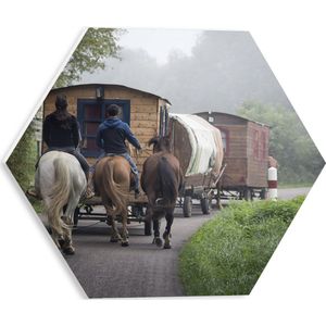 WallClassics - PVC Schuimplaat Hexagon  - Ouderwetse Caravan met Paard en Wagen - 30x26.1 cm Foto op Hexagon (Met Ophangsysteem)