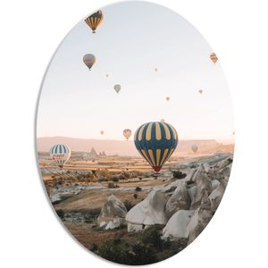 WallClassics - PVC Schuimplaat Ovaal - Grote Groep Luchtballonnen Vliegend boven Rotsig Landschap - 51x68 cm Foto op Ovaal (Met Ophangsysteem)