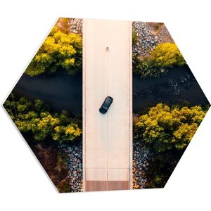 WallClassics - PVC Schuimplaat Hexagon - Bovenaanzicht van Zwarte Auto boven op Brug in Landschap - 70x60.9 cm Foto op Hexagon (Met Ophangsysteem)