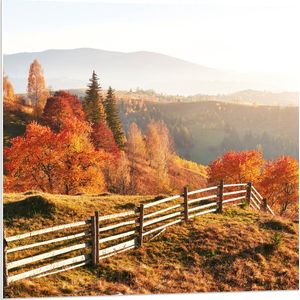 PVC Schuimplaat- Hek langs Herfstbomen in Berglandschap - 80x80 cm Foto op PVC Schuimplaat