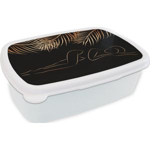 Broodtrommel Wit - Lunchbox - Brooddoos - Vrouw - Palmbladeren - Goud - Line art - 18x12x6 cm - Volwassenen