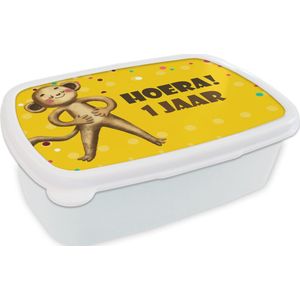 Broodtrommel Wit - Lunchbox - Brooddoos - Verjaardagsfeest - 1 jaar - Knuffeldier - 18x12x6 cm - Volwassenen