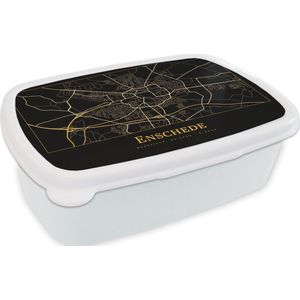 Broodtrommel Wit - Lunchbox - Brooddoos - Kaart - Enschede - Zwart - Goud - 18x12x6 cm - Volwassenen
