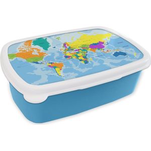 Broodtrommel Blauw - Lunchbox - Brooddoos - Wereldkaart - Kleuren - Letters - Kinderen - Jongens - Meisjes - 18x12x6 cm - Kinderen - Jongen