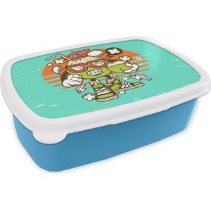 Broodtrommel Blauw - Lunchbox - Brooddoos - Kokosnoot - Zonnebril - Retro - 18x12x6 cm - Kinderen - Jongen
