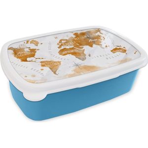 Broodtrommel Blauw - Lunchbox - Brooddoos - Kaart - Goud - Wereld - 18x12x6 cm - Kinderen - Jongen