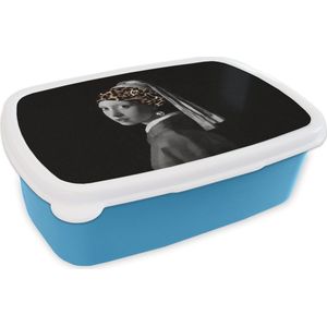 Broodtrommel Blauw - Lunchbox - Brooddoos - Meisje met de parel - Haarband - Panterprint - 18x12x6 cm - Kinderen - Jongen