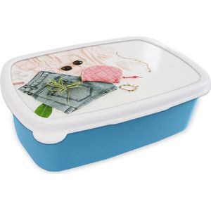 Broodtrommel Blauw - Lunchbox - Brooddoos - Kleren - Zonnebril - Shirt - 18x12x6 cm - Kinderen - Jongen
