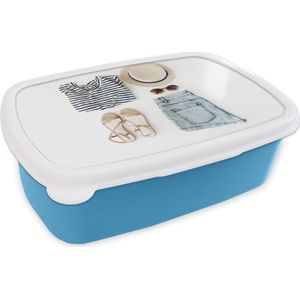 Broodtrommel Blauw - Lunchbox - Brooddoos - Tropisch - Kleding - Hoed - 18x12x6 cm - Kinderen - Jongen