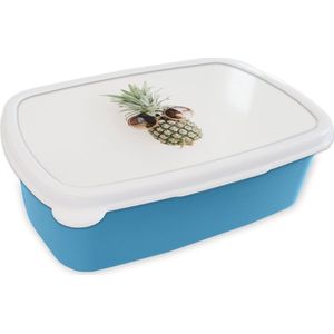Broodtrommel Blauw - Lunchbox - Brooddoos - Ananas - Zonnebril - Tropisch - 18x12x6 cm - Kinderen - Jongen