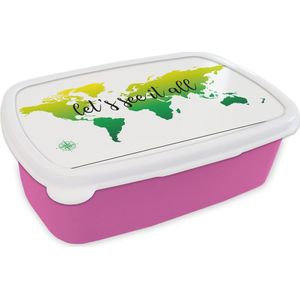 Broodtrommel Roze - Lunchbox - Brooddoos - Wereldkaart - Groen - Kompas - 18x12x6 cm - Kinderen - Meisje