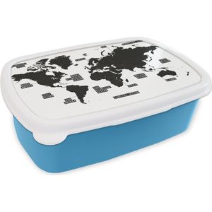 Broodtrommel Blauw - Lunchbox - Brooddoos - Wereldkaart - Zwart - Wit - Kinderen - Jongen - Meisje - 18x12x6 cm - Kinderen - Jongen