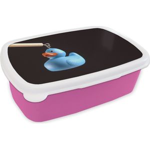 Broodtrommel Roze - Lunchbox - Brooddoos - Blauwe bad eend op zwarte achtergrond - 18x12x6 cm - Kinderen - Meisje