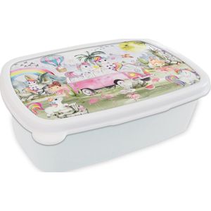 Broodtrommel Wit - Lunchbox - Brooddoos - Unicorn - Regenboog - Kinderen - Meiden - Auto - 18x12x6 cm - Volwassenen