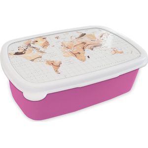 Broodtrommel Roze - Lunchbox - Brooddoos - Wereldkaart - Verf - Bruin - 18x12x6 cm - Kinderen - Meisje