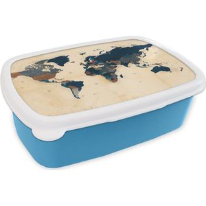Broodtrommel Blauw - Lunchbox - Brooddoos - Wereldkaart - Vintage - Papyrus - Kinderen - Jongens - Meisjes - 18x12x6 cm - Kinderen - Jongen