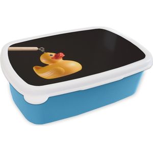 Broodtrommel Blauw - Lunchbox - Brooddoos - Kermis bad eend op zwarte achtergrond - 18x12x6 cm - Kinderen - Jongen
