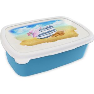 Broodtrommel Blauw - Lunchbox - Brooddoos - Tas - Hoed - Schelp - Strand - 18x12x6 cm - Kinderen - Jongen