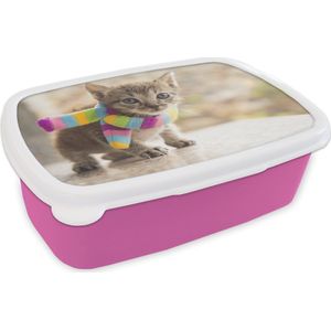 Broodtrommel Roze - Lunchbox Kitten - Sjaal - Kleuren - Meisjes - Kinderen - Jongens - Kindje - Brooddoos 18x12x6 cm - Brood lunch box - Broodtrommels voor kinderen en volwassenen