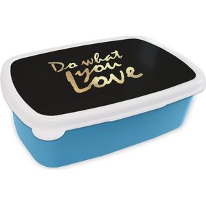 Broodtrommel Blauw - Lunchbox - Brooddoos - Quote - Liefde - Zwart - Goud - 18x12x6 cm - Kinderen - Jongen