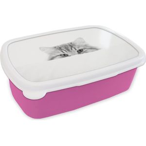 Broodtrommel Roze - Lunchbox - Brooddoos - Kat - Rood - Wit - Meisjes - Kinderen - Jongens - Kind - 18x12x6 cm - Kinderen - Meisje