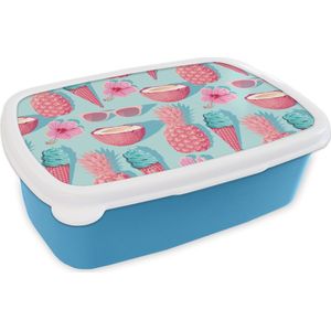 Broodtrommel Blauw - Lunchbox - Brooddoos - Zomer - Ananas - Bloemen - Zonnebrillen - 18x12x6 cm - Kinderen - Jongen