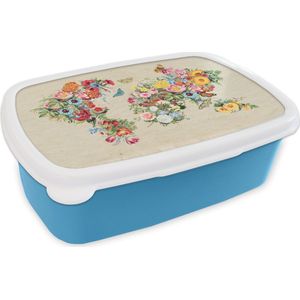 Broodtrommel Blauw - Lunchbox - Brooddoos - Wereldkaart - Bloemen - Craft papier - 18x12x6 cm - Kinderen - Jongen