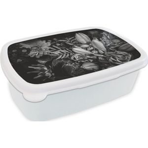 Broodtrommel Wit - Lunchbox - Brooddoos - Boeket - Stilleven - Bloemen - Planten - Rood - 18x12x6 cm - Volwassenen