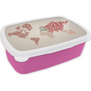 Broodtrommel Roze - Lunchbox - Brooddoos - Wereldkaart - Letters - Kleuren - 18x12x6 cm - Kinderen - Meisje