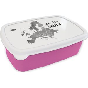 Broodtrommel Roze - Lunchbox - Brooddoos - Europakaart in grijze waterverf met de quote Explore the unseen - zwart wit - 18x12x6 cm - Kinderen - Meisje