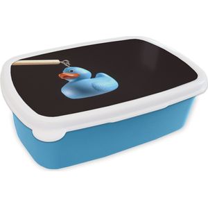 Broodtrommel Blauw - Lunchbox - Brooddoos - Blauwe bad eend op zwarte achtergrond - 18x12x6 cm - Kinderen - Jongen