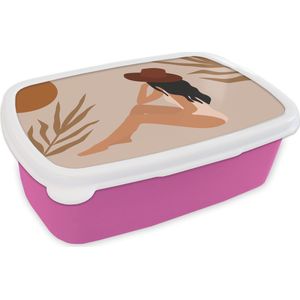 Broodtrommel Roze - Lunchbox - Brooddoos - Zomer - Zon - Hoed - 18x12x6 cm - Kinderen - Meisje