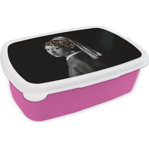 Broodtrommel Roze - Lunchbox - Brooddoos - Meisje met de parel - Haarband - Panterprint - 18x12x6 cm - Kinderen - Meisje