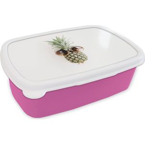 Broodtrommel Roze - Lunchbox - Brooddoos - Ananas - Zonnebril - Tropisch - 18x12x6 cm - Kinderen - Meisje