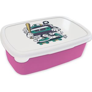 Broodtrommel Roze - Lunchbox - Brooddoos - Cassettebandjes - Honkbalknuppel - Skateboard - Vintage - 18x12x6 cm - Kinderen - Meisje